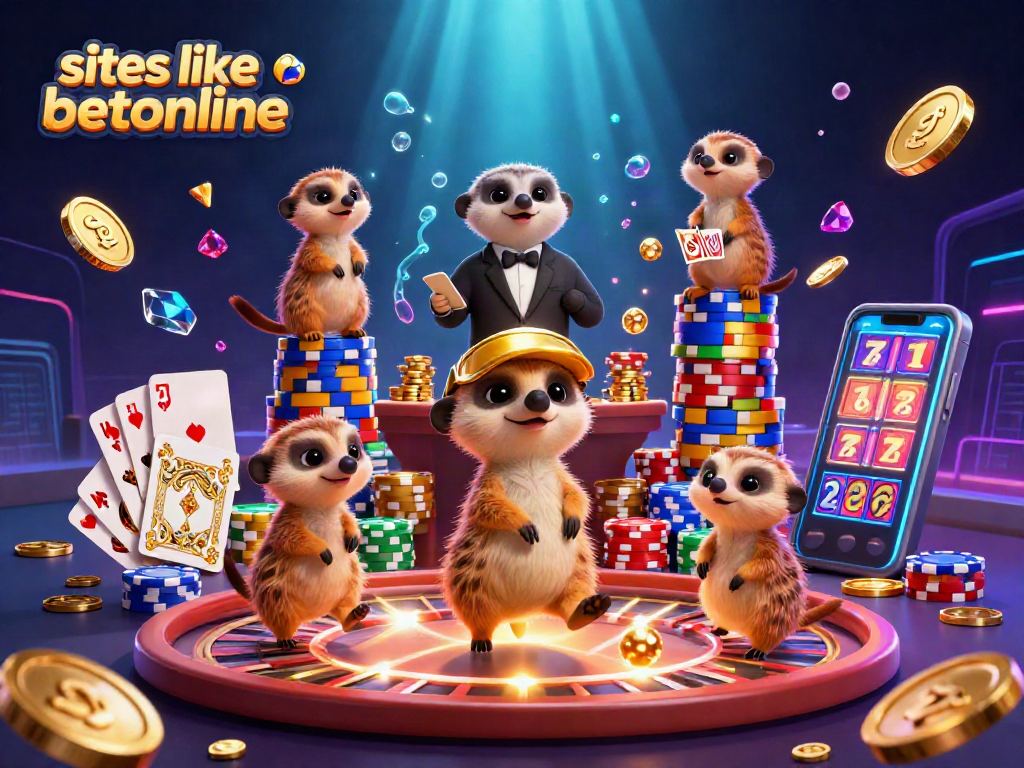 Engage with fun casino action at sites like betonline in a vibrant 3D meerkat casino illustration.