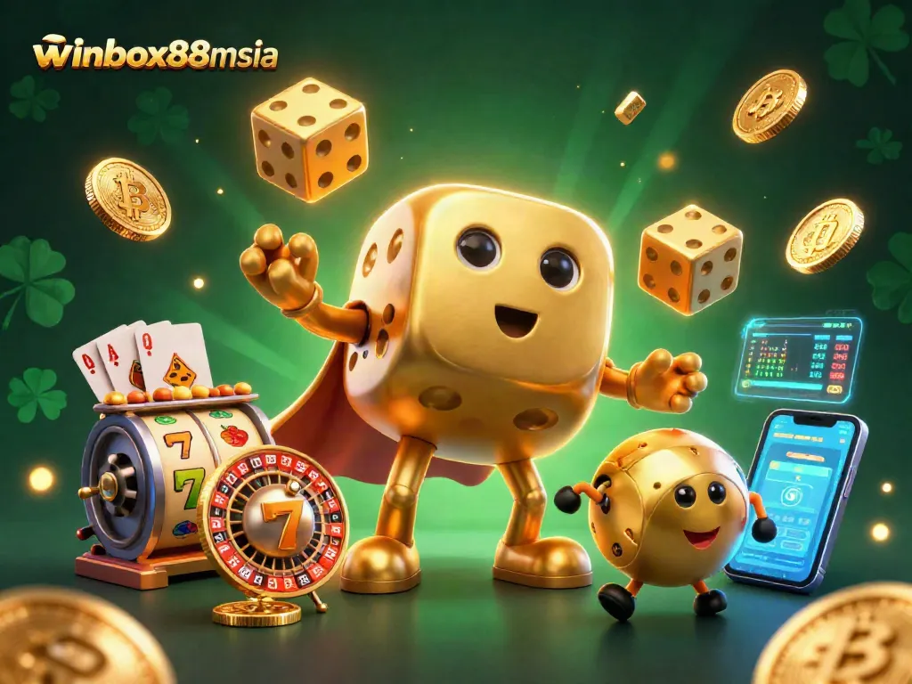 Experience thrilling gameplay with winbox88msia in a captivating 3D casino scene filled with golden dice and crypto elements.
