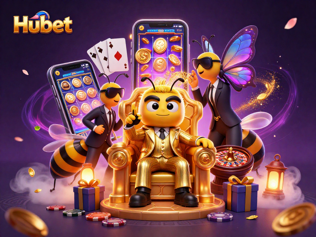 Experience thrilling gaming with Hubet in a whimsical 3D casino scene filled with golden coins and vibrant slot games.