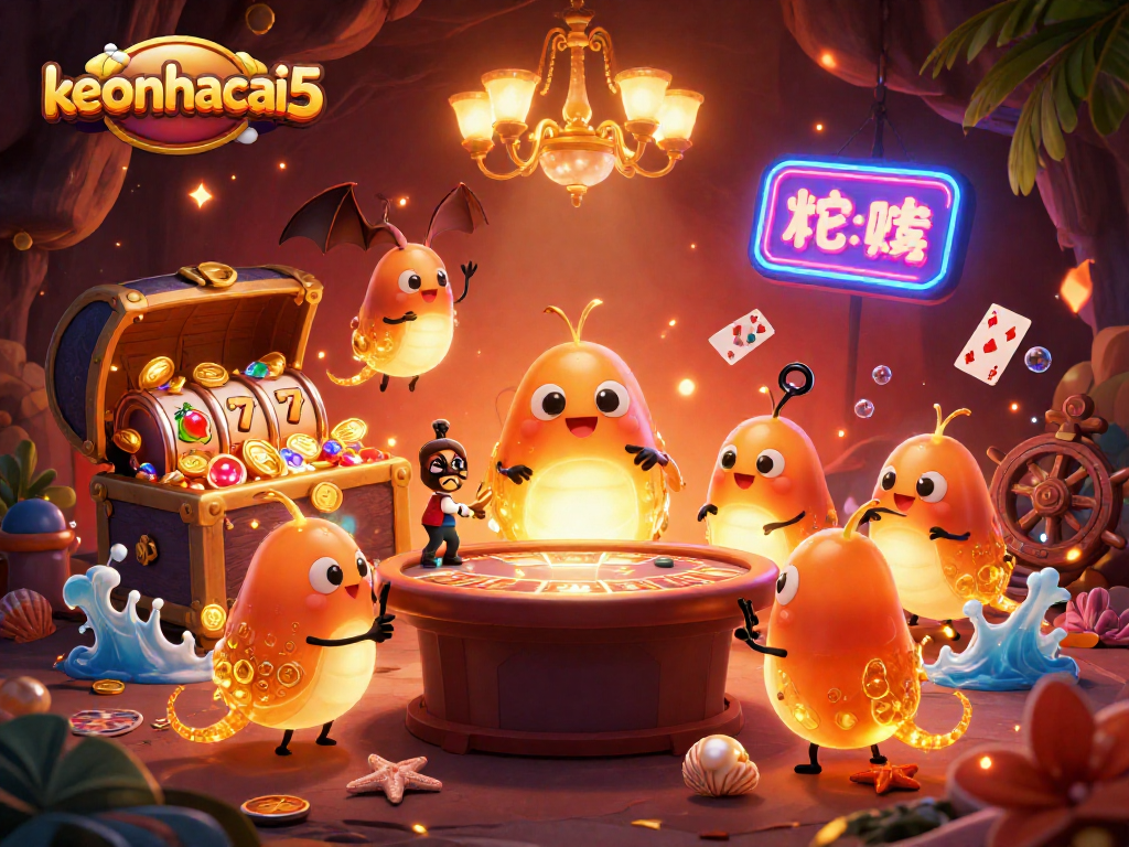 Engage in exciting action at keonhacai5 casino with vibrant glowworms and animated slot reels.