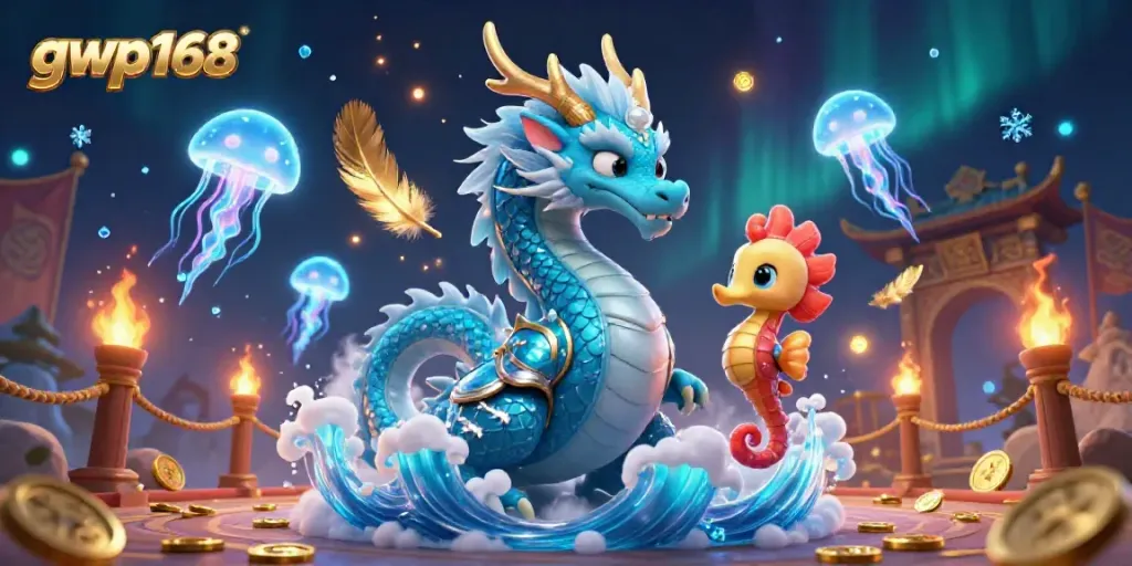 Gameplay seru di gwp168 dengan naga air berlayar di lautan kekayaan yang berkilau.