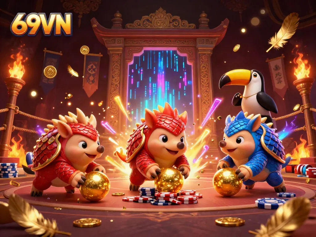Exciting action with 69VN pangolins in an epic gambling showdown, surrounded by chips and gold coins.