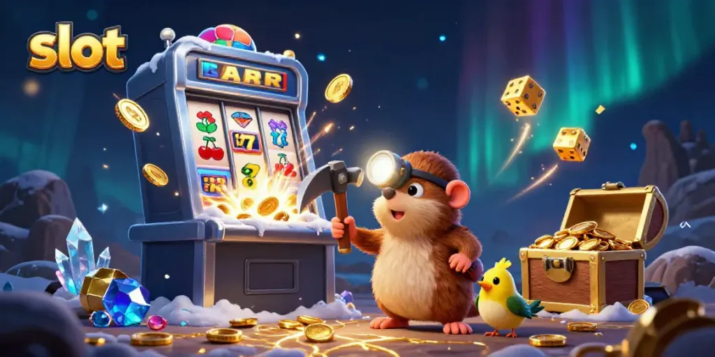 Experience thrilling slot action with a treasure hunter mole and a jackpot explosion of coins.