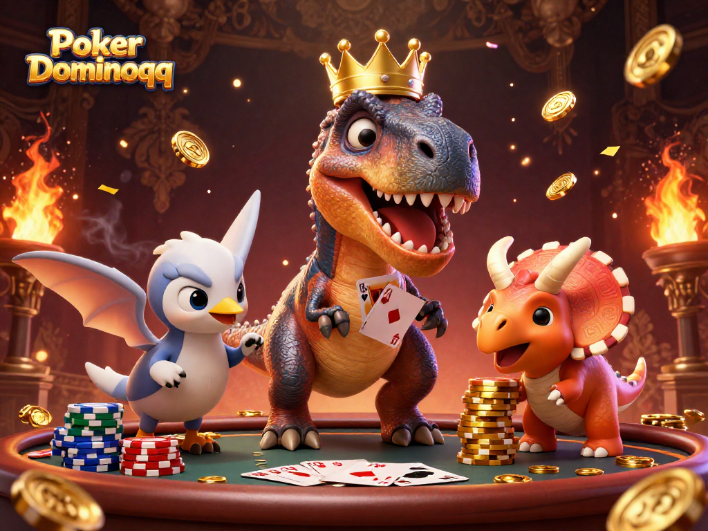 Engage in thrilling Poker Dominoqq action with vibrant 3D character scene and dynamic gaming elements.