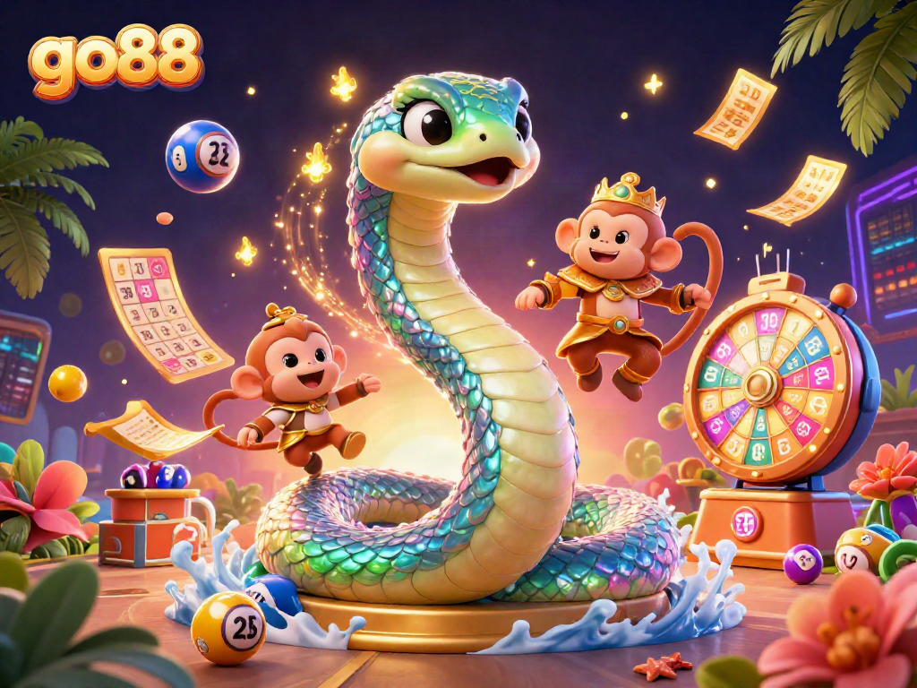 Engage with go88's captivating gaming experience through vibrant lottery and casino illustrations.