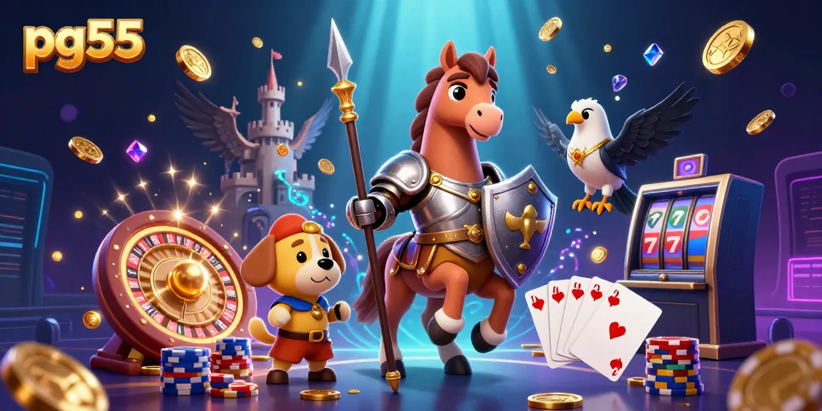 Experience thrilling casino escapades with pg55 featuring knights and treasure in a vibrant 3D scene.