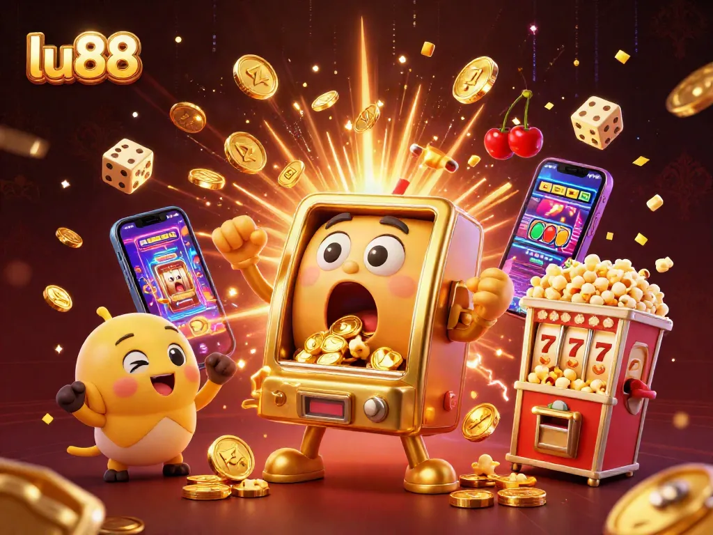 lu88 slot machines celebrating a jackpot victory with vibrant casino graphics and energetic elements