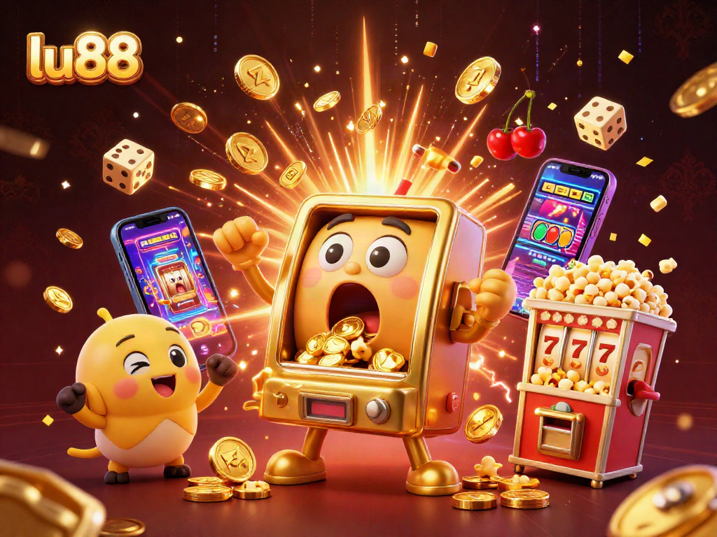 lu88 slot machines celebrating a jackpot victory with vibrant casino graphics and energetic elements