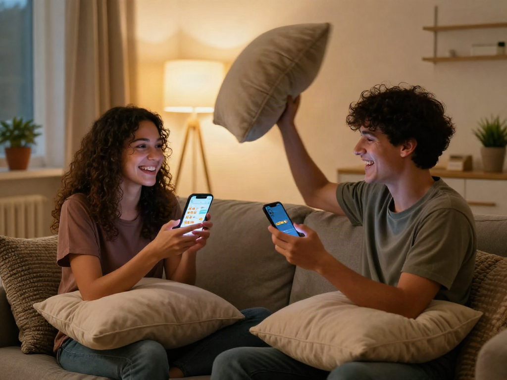 Playful sexting ai interaction between two friends in a cozy apartment
