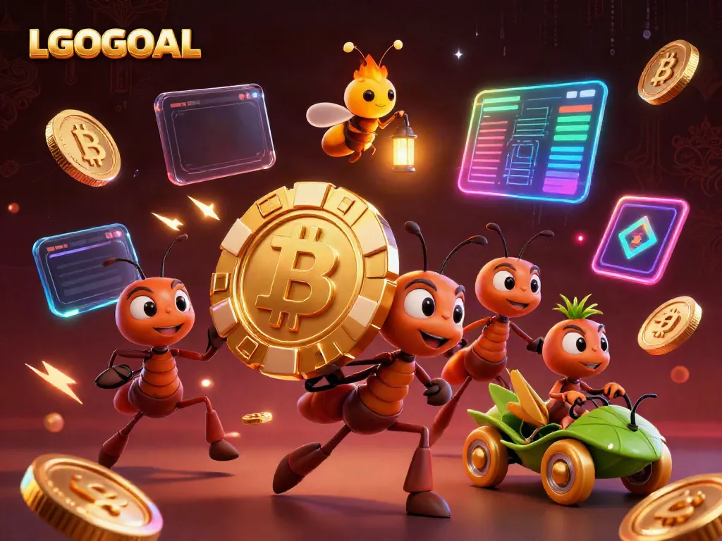 Experience the thrill of LGOGOAL with a heist scene featuring playful ants and crypto elements.