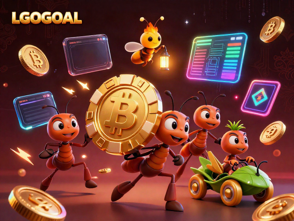 Experience the thrill of LGOGOAL with a heist scene featuring playful ants and crypto elements.