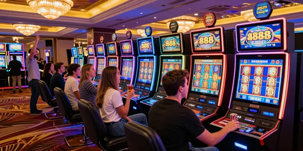 Experience the excitement of slot888 at vibrant casino with patrons enjoying slot machines and colorful lights.
