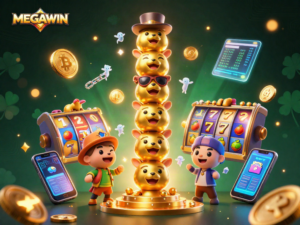 Experience the thrill of MEGAWIN with vibrant slot reels and crypto elements in colorful 3D art.