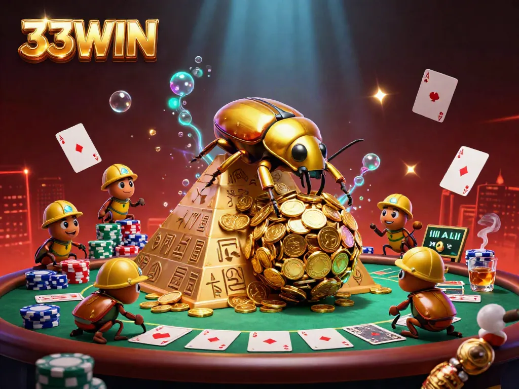 Engage with the 33WIN gaming scene showcasing a massive golden beetle amidst casino elements.