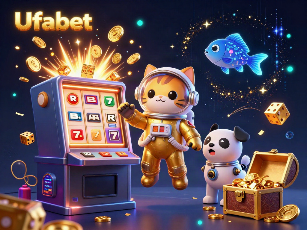 Engaging Ufabet gaming scene showcasing a vibrant 3D astronaut cat and robot dog with thrilling casino elements.