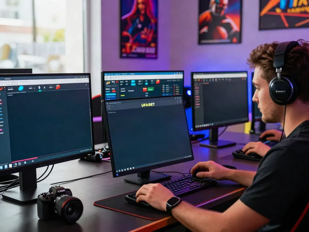 Engaging UFABET gaming setup with modern technology and vibrant atmosphere.
