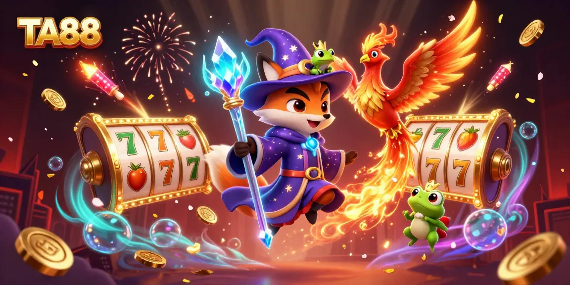 TA88 casino illustration showcasing a wizard fox, phoenix, and crowned frog among vibrant slot elements.