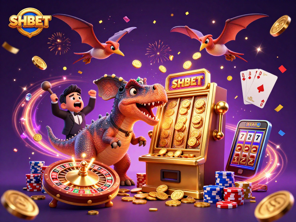 Catch the jackpot with SHBET as a dinosaur plays a slot machine, showcasing casino excitement and luck.
