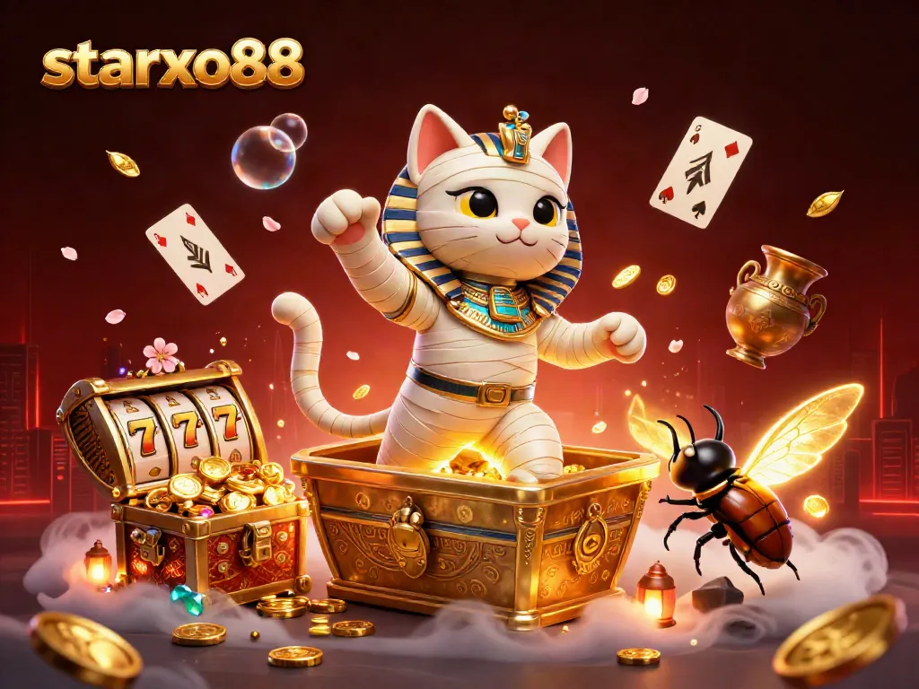 Experience starxo88 winning moments with a mummy cat and vibrant slot elements in a dynamic casino scene.