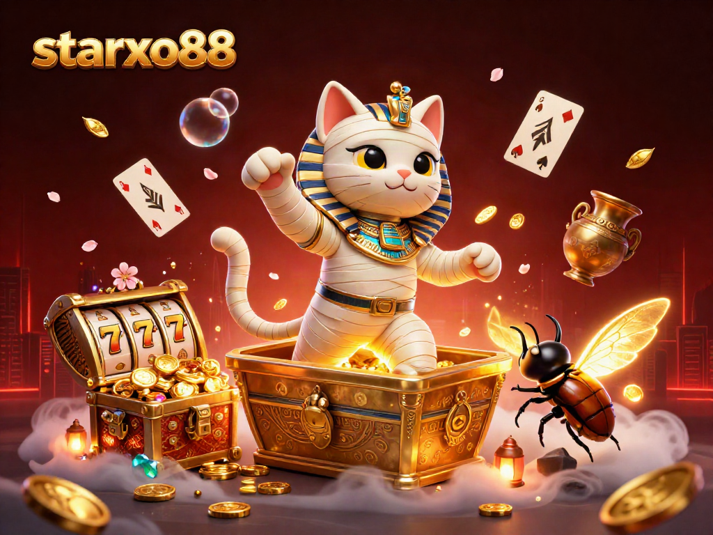 Experience starxo88 winning moments with a mummy cat and vibrant slot elements in a dynamic casino scene.