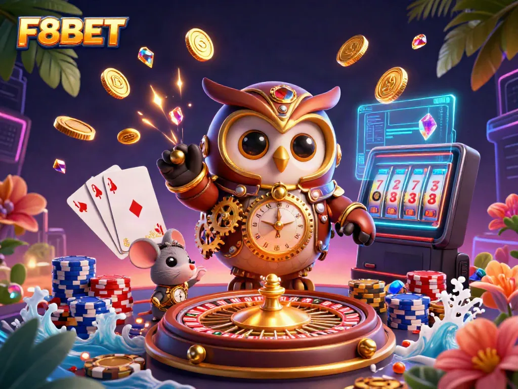 Experience the vibrant world of F8BET with a time-traveling owl, casino elements, and dynamic game features.