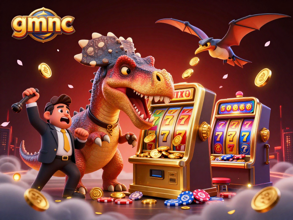 gmnc showcases an exhilarating scene with a dinosaur headbutting a slot machine surrounded by casino elements.