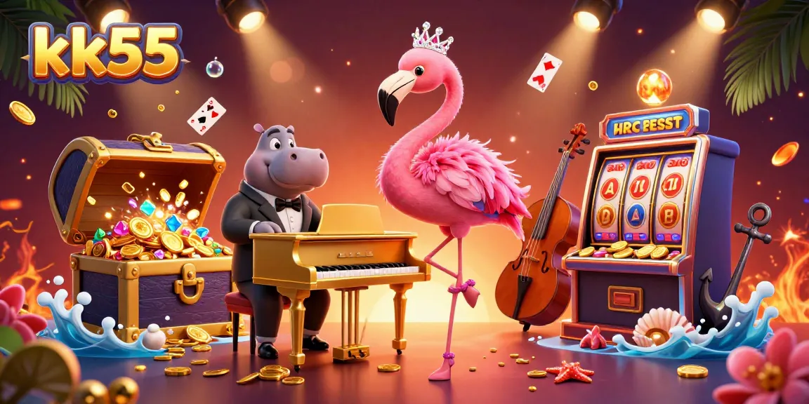 Experience the vibrant world of kk55 with dynamic casino elements in this lively illustration.