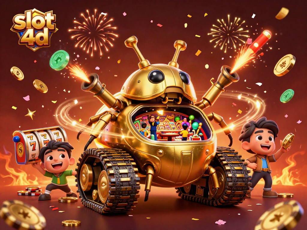 Permainan slot 4d yang meriah dengan kasino mini dalam tank keong emas yang berwarna cerah.