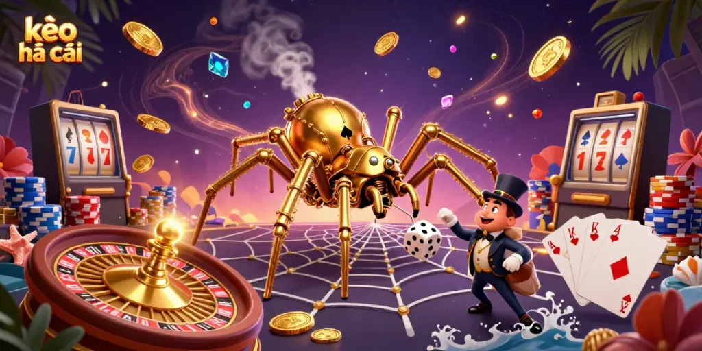 Engage in kèo nhà cái with a whimsical 3D scene featuring a golden spider and Victorian fly amid cascading coins and intricate betting elements.