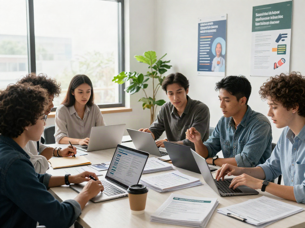 Collaborative job search process with young professionals analyzing หางาน listings in a modern office