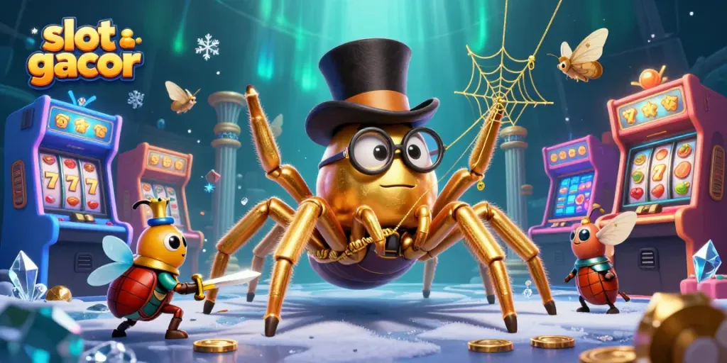 Menyajikan slot gacor dengan karakter laba-laba emas raksasa dan ksatria kecil dalam seni ilustrasi 3D yang menarik.