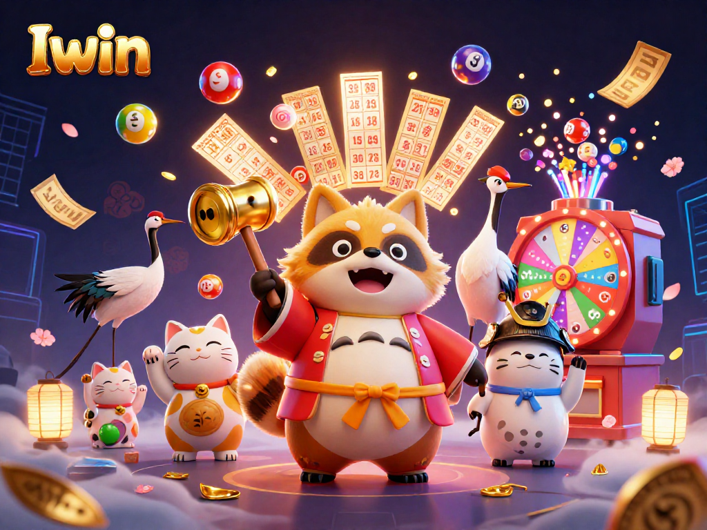 Iwin casino scene with cheerful tanuki holding a mallet and colorful lottery balls bouncing around