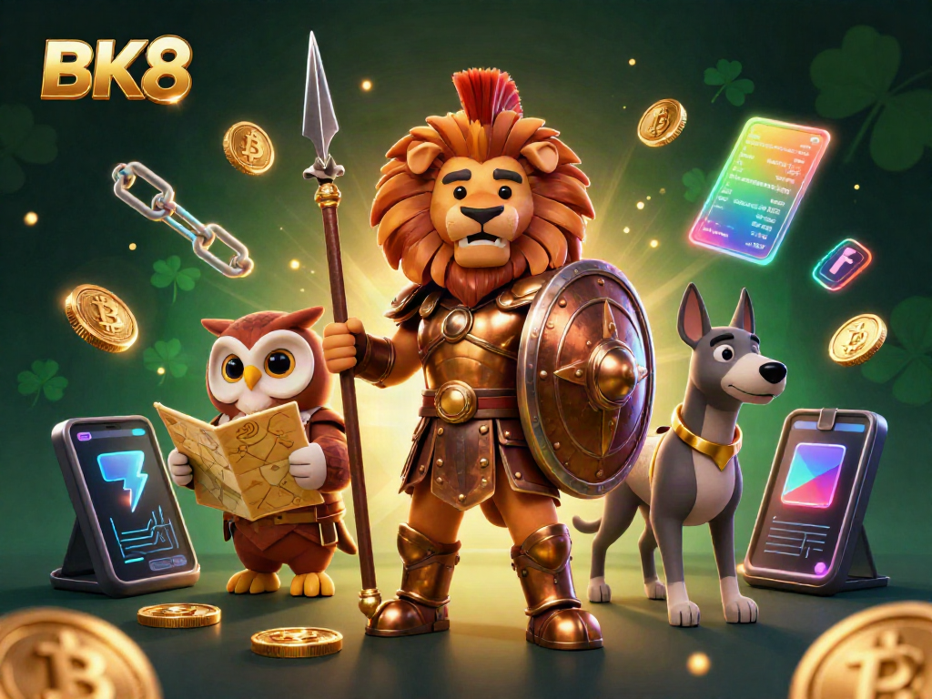 Experience excitement with BK8 as cartoon characters engage in a vibrant 3D casino atmosphere.