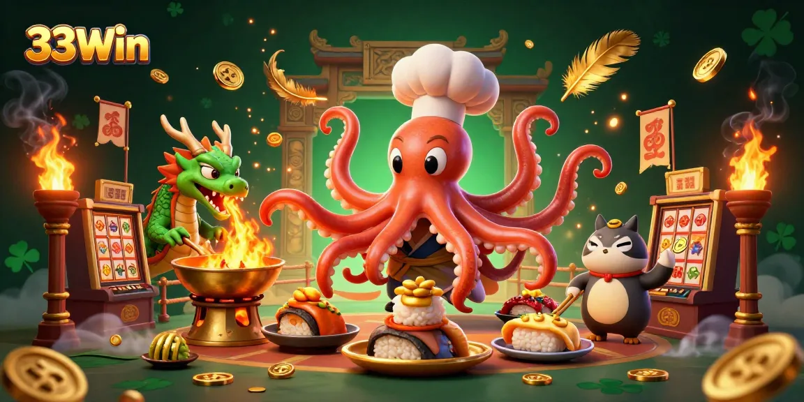 Engage with 33Win's vibrant casino atmosphere featuring an octopus chef and dynamic gambling elements.