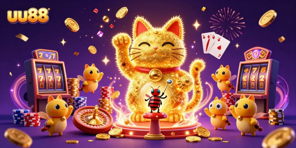 Experience the thrill of uu88 with vibrant casino symbols and golden fireflies in a fantasy scene.