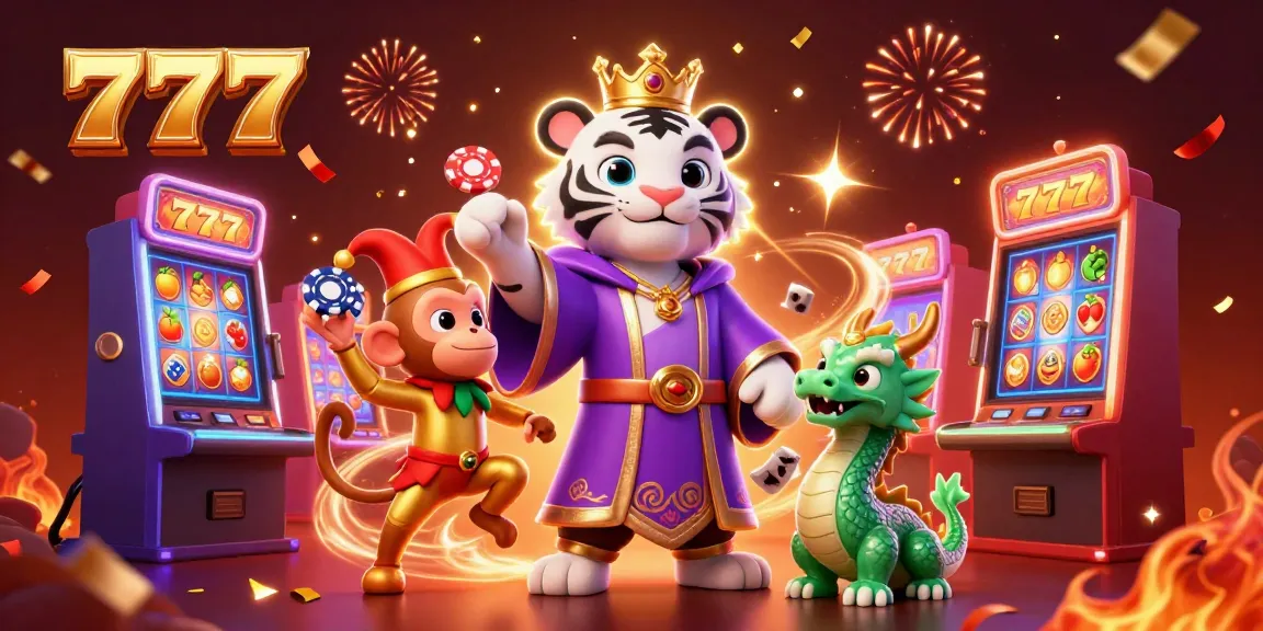 Genggam jackpot dengan 777 di kasino, singa putih megah dan kera jongkok.