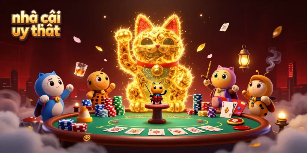 Engage with the vibrant scene of nhà cái uy tín showcasing a golden lucky cat created from fireflies amidst poker elements and casino excitement.
