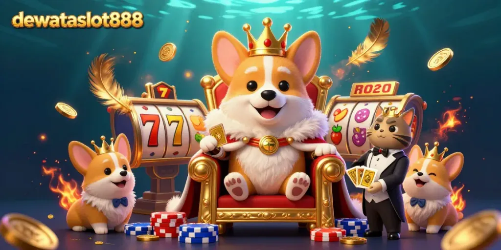 Mainkan judi di dewataslot888 dengan corgi kerajaan dan elemen slot di latar belakang yang menarik.