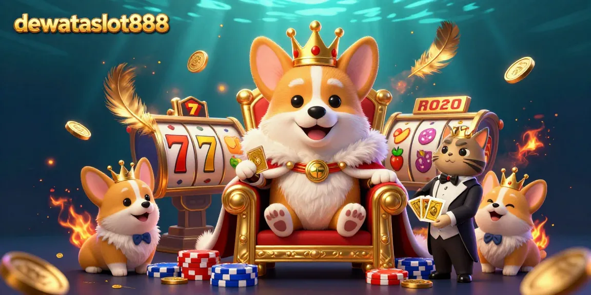 Mainkan judi di dewataslot888 dengan corgi kerajaan dan elemen slot di latar belakang yang menarik.