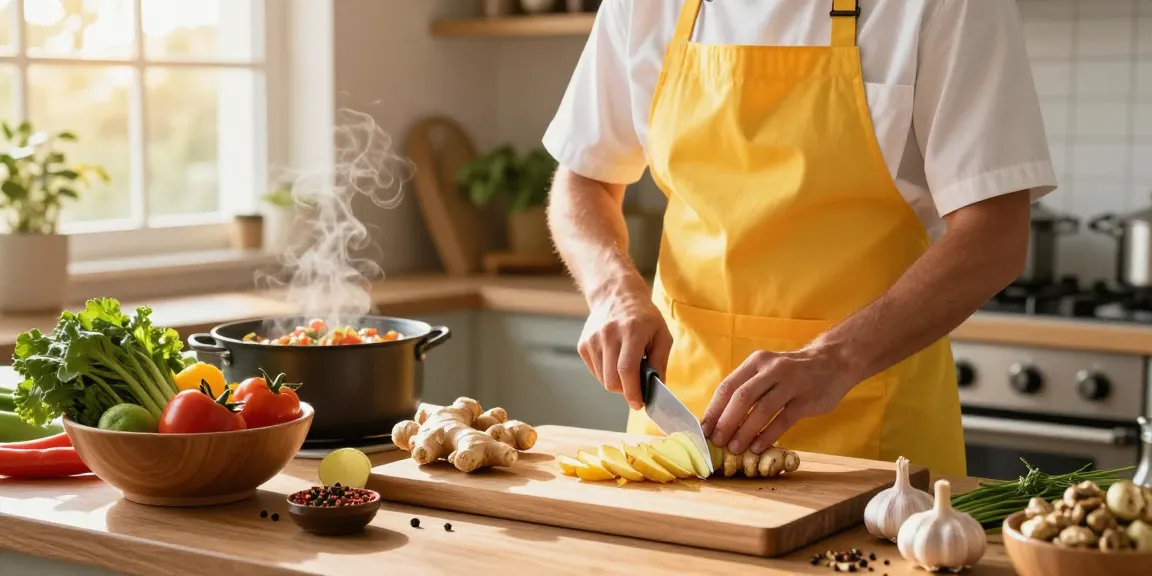 Chef preparing a ginger dish in a bright kitchen with fresh ingredients amidst warm sunlight and a cozy atmosphere.สล็อต