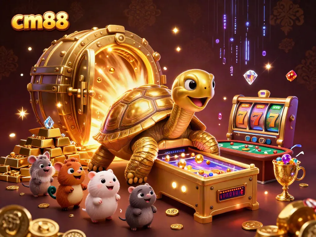 Engage in immersive gaming at cm88 with vibrant slot reels and a dynamic atmosphere of golden riches.