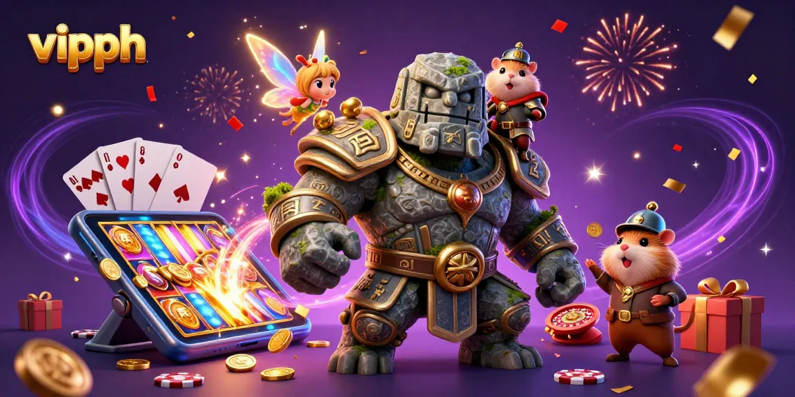 Win big with vipph in this vibrant casino scene featuring gaming elements and magical characters.