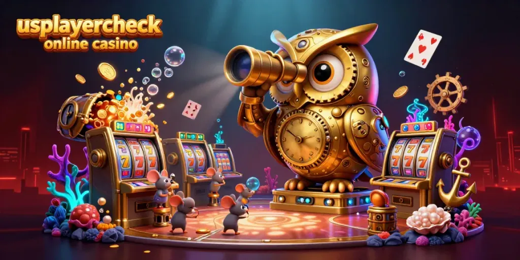 Experience the excitement at usplayercheck online casino with a vibrant 3D scene featuring a golden owl and animated mouse patrons.