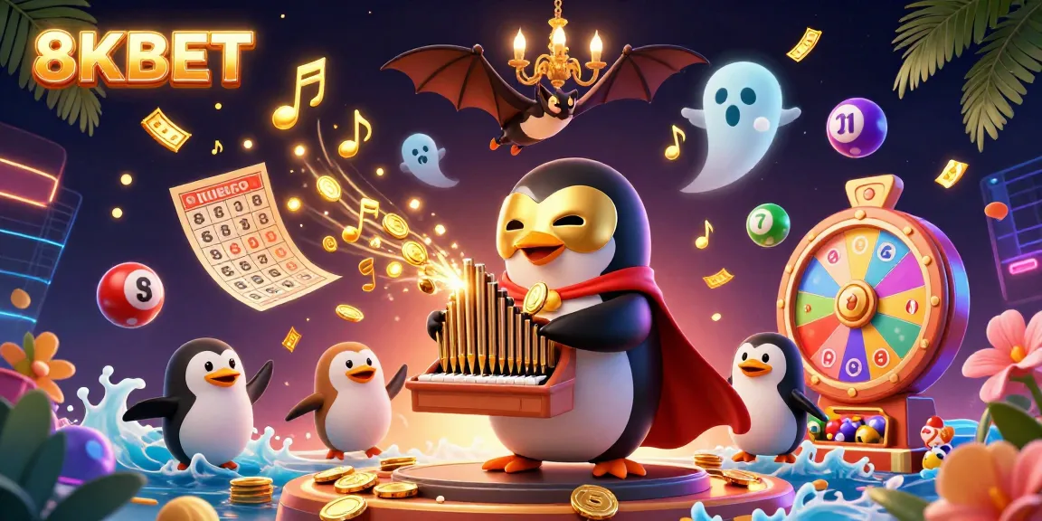 Experience the vibrant world of 8KBET with a playful penguin and dynamic lottery elements in this engaging casino illustration.