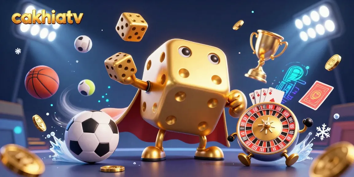 Experience thrilling sports action with cakhiatv, featuring cartoon dice and sports elements in a dynamic gambling scene.
