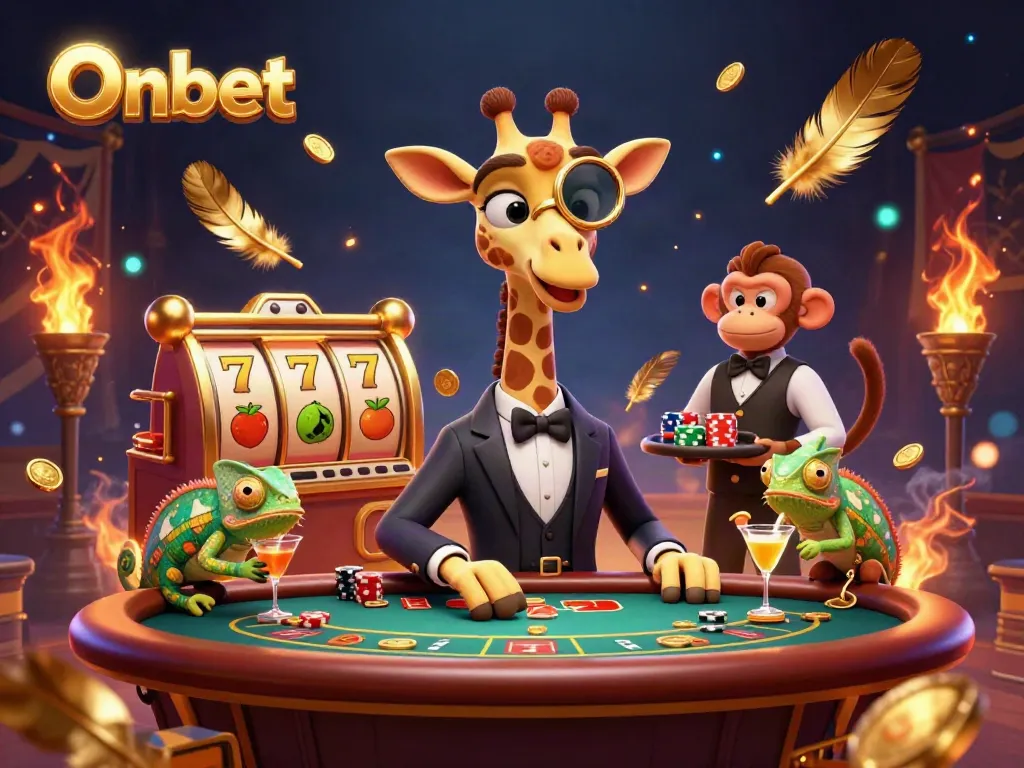 Experience Onbet's thrilling casino world with a high-roller giraffe at a poker table, stacked chips, and vibrant game elements.