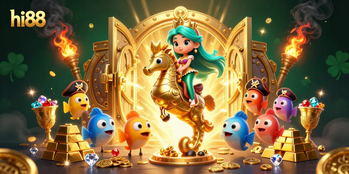 Engage in thrilling games at hi88 with a vibrant scene featuring treasures, gems, and lively characters.