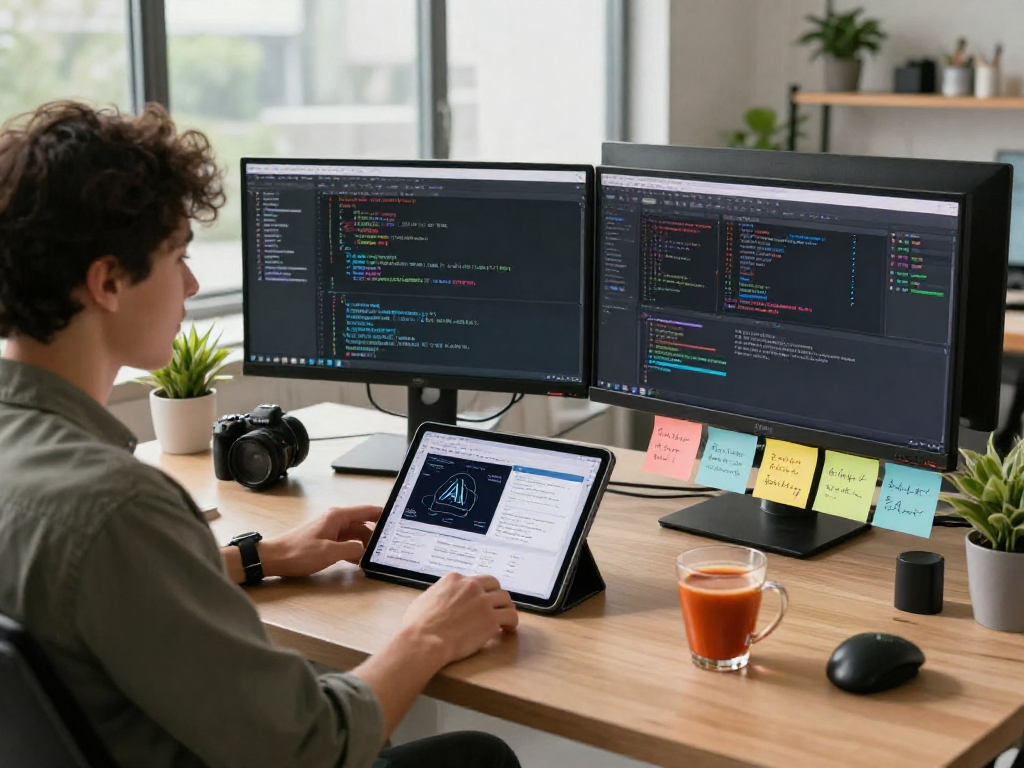 Innovative workspace showcasing coding and AI project planning with spicy ai elements in a bright, modern office setting.
