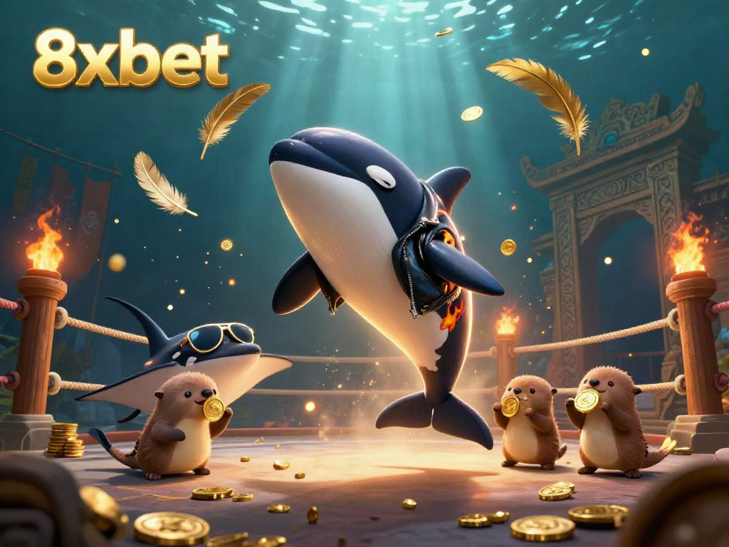 Experience thrilling adventures with 8xbet as a 3D whale and friends celebrate wins with coins and golden betting tokens.