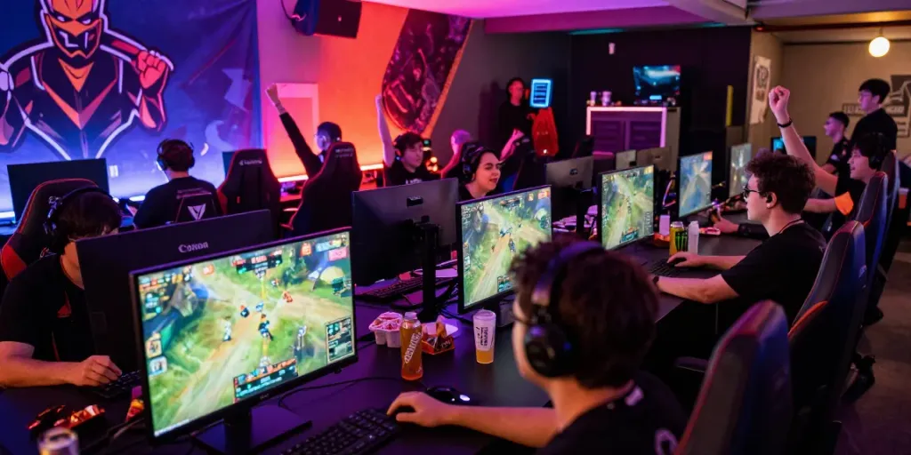 juraganbola esports arena with gamers competing and cheering audience